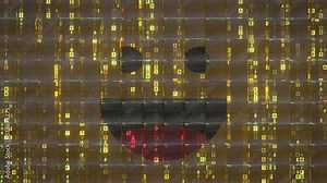 Laughing emoji and digital code behind glass tiles. Seamless loop 3D animation