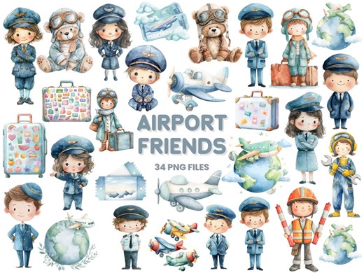 Airport Friends Clipart | Kids Airport Party PNG | Pilot Flight Attendant Birthday Watercolor - Etsy