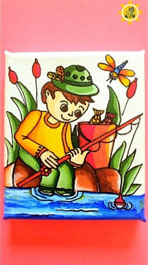 How to Paint a Boy Fishing in the River | Easy Acrylic Painting on Square Canvas #shorts#shortsfeed
