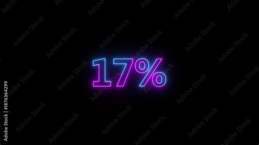 Abstract glowing neon 17% text looped animation on black background. Pink and blue colorful neon percent sign number with alpha channel.