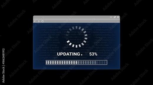 Computer screen displaying software updating with progress bar and loading circle software update