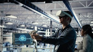 Data center employee check AI dashboard using VR headset during systems review. Server hub worker using virtual reality tech to test artificial intelligence tools for reliable performance, camera B