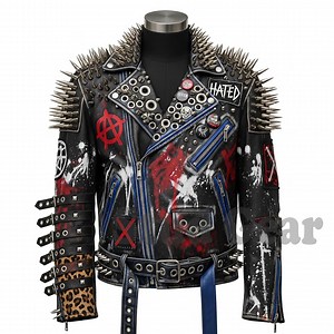 Extreme Studded Punk Jacket in Black Leather With Hand-painted Skull Red White Anarchist Art Silver Spikes Grommets & Leopard Print Details - Etsy