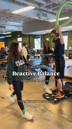 Dr. Drea Aming, PT DPT on Instagram: "✨ Reactive balance ✨ is a skill we can train! In neuro + ortho rehab, our goal is to get people ready for the real world: uneven surfaces, quick turns, busy environments, unexpected slips & all the moments you can’t plan for. Josh has been building reactive balance and confidence post-stroke with: Unpredictable Tasks - Turning board reaching - Turning board reactive balance - Swiss ball reactive weight shifting - Sheet stance pulls (reactive stepping) Enviro