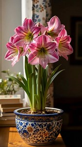 This beautiful flower is an amaryllis🌺🌷🌺. The large, trumpet-shaped blooms with pink petals, white stripes, and green centers are classic features of this plant. #amaryllis #gardening #garden #flowers | Ammy Lia