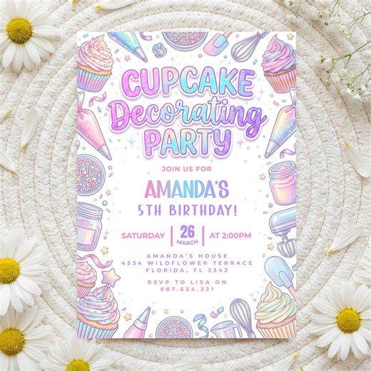 Cupcake Decorating Birthday Party Invitation Pastel Girls Dessert Invite Template - Etsy