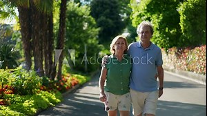 Romantic older couple going for a walk, 60s senior husband and wife together
