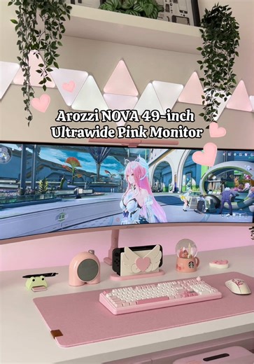The prettiest pastel pink monitor with matching pink monitor arm! This is the Arozzi Nova 49-inch ultrawide monitor in pink, and it’s literally the prettiest shade of pink I could’ve asked for. And yes, the Alzare Neo gas spring monitor arm also comes in pink, so the whole setup matches perfectly. It has a VA panel with a 165Hz refresh rate and 1ms response time, and honestly I have zero complaints when it comes to gaming. It’s been perfect. At this point I don’t think I’ll be leaving my pink er