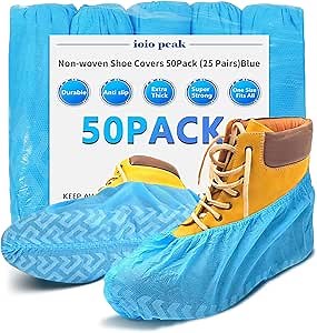 Shoe Covers Disposable 50 Pack (25 Pairs) - Durable, Non-Slip, Water Resistant, and Recyclable Boot Covers for Indoor and Outdoor Use - One Size Fits Most (Non-woven-Blue)