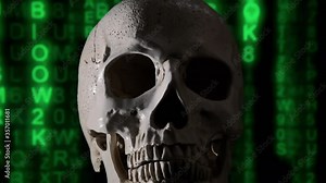 A scary human skull over a computer screen with falling green characters (matrix code rain effect), in the darkness.