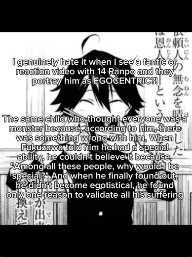 He had very low self-esteem and they want to pass him off as egocentric 😭 #untoldorigins #untoldoriginsbsd #angst #ranpoedogawa #bsd