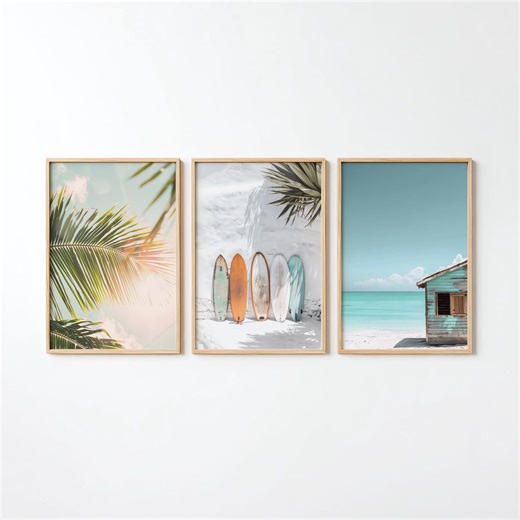 Beach Wall Art Set of 3, Surfboard Prints, Coastal Decor, Tropical Palm Wall Art, Ocean Photography, Neutral Beach House Decor, Beach Prints