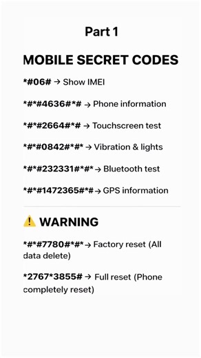 Part-1. Top 6 Mobile Secret Codes You Should Try 🔥 | Part 1#mobiletricks #mobilecodes#smartphone