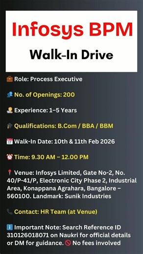 Search Together on Instagram: "Infosys BPM – Walk-In Drive | Process Executive Infosys BPM is conducting a walk-in drive for Process Executive roles with multiple openings. Candidates with relevant experience and commerce background are invited to attend the interview at the mentioned venue on the scheduled dates and time. Interested applicants are advised to verify the official job details using the Reference ID on Naukri before attending. Walk-in interviews will be conducted strictly as per co
