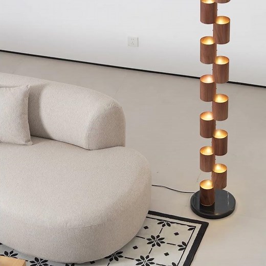 Stacked Wood Tower Floor Lamp – Sculptural Wood Form, Warm Ambient Glow