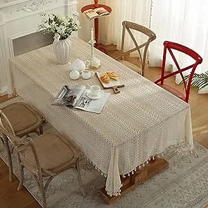 Beige Embroidered Crochet Hole Tablecloth with Tassels, Boho Stripe Geometric Tablecloth for Party Birthday Dinning Table Cloth, Rectangular 59"x110"