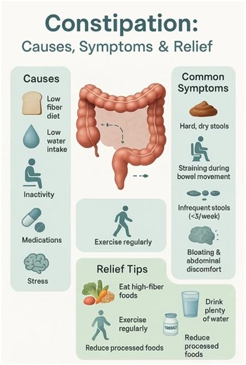 Constipation: Causes, Symptoms & How to Improve It Constipation is a common digestive issue where bowel movements become infrequent or difficult to pass. It can affect anyone and often results from diet, hydration, or lifestyle habits. While occasional constipation is normal, persistent difficulty may indicate an underlying health concern that needs attention. | Health Awareness