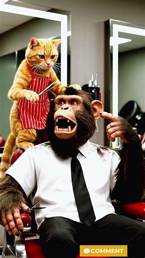 Grumpy Barber Monkey vs. Focused Tabby Cat Stylist – Hilarious AI Animated Video#cat #funny