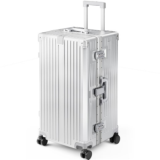 MF Studio 28 Inch Checked Trunk Luggage, Lightweight Zipperless PC Hardshell Suitcase with Aluminum Frame, TSA Locks, Spinner Wheels, USB Charging Port, Silver Gray