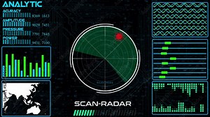 abstract colorful HUD radar animation on black background. Radar Screen Detected for Battle. Radar HUD With Object On Screen. Futuristic HUD Navigation monitor, Sonar Detect Battle Ship