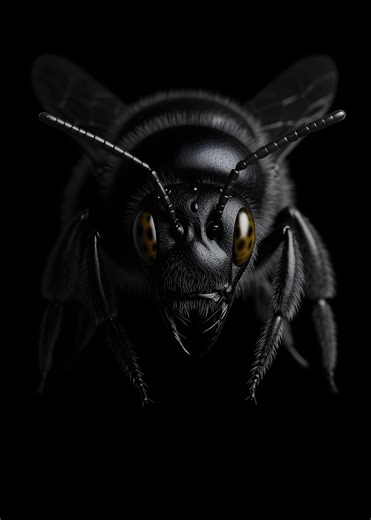 'Detailed Black Bee Portrait on Black' Poster, picture, metal print, paint by Perfect Pixels | Displate