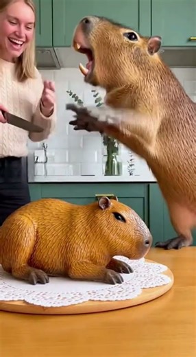 Capybara screams to stop her from cutting the cake 😱🦫🎂🤣#capybara #funny #shorts #viralshorts