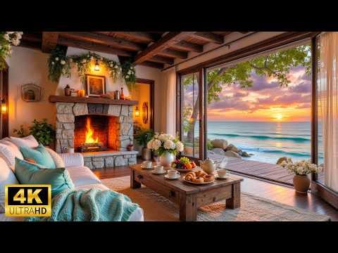 Golden Hour Beach Cottage - Summer Piano Music with Ocean Waves & Fireplace for Read, Study and Work