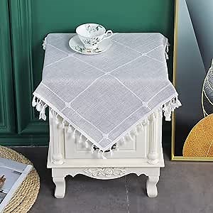 Trczzone Embroidery Lattice Small Square Tablecloth with Tassel Heavy Duty Rustic Fabric Cloth Wrinkle Resistant End Side Table Cove for Kitchen Dining Room Tabletop Decoration 24 x 24 Inches