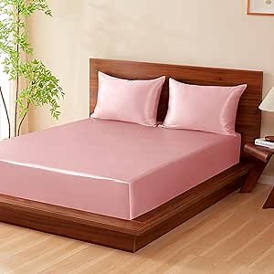 THXSILK 100% Mulberry Silk Bed Sheet Set - 3pcs Pure Silk Sheet Set - 16" Deep Pocket Fitted Sheet, 2 Pack Silk Pillowcase with Zipper Closure - King Size, Charming Pink