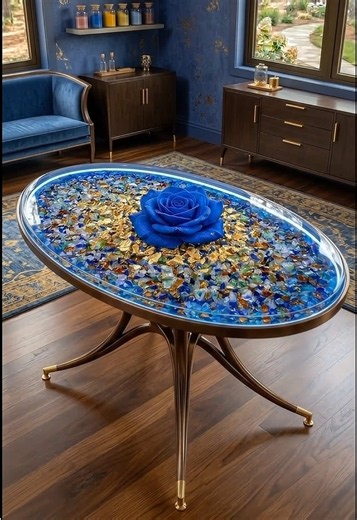 Watch until the end for the final reveal! 🤯 Wait until you see this glowing epoxy resin table come to life. The giant blue rose and gold flakes make it look magical! 🌹 #resinart #epoxytable #diyproject #satisfyingvideo #homedecor