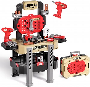 Mundo Toys Kids Tool Workbench Set 78-Piece, 2-in-1 Toolbox, Toy Drill & Saw, Ages 3 , Red