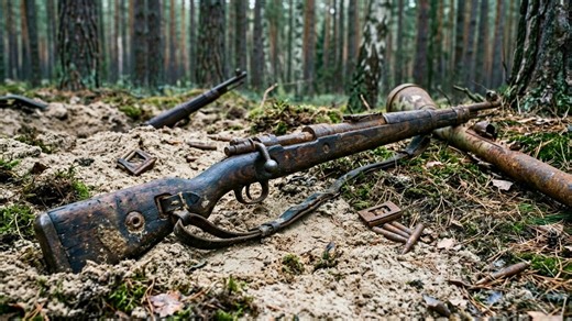 German rifles and anti tank weapons were left behind in this forgotten Eastern Front position