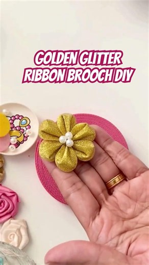 DIY Brooch with Golden Glitter Ribbon. #diy #handmade #flowers #craft #kanzashi #youtubeshorts