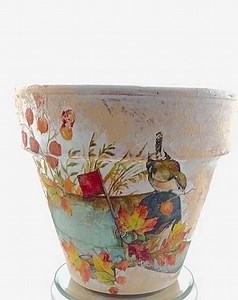 Terra Cotta Handmade Decoupage Flower Pot. Fall Colors With a Bird and Mailbox. It Has Some Maple Leaves and Acorns. Sealed for Use Outdoors - Etsy