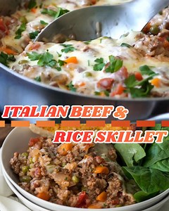 Busy weeknight? Try this hearty, cheesy Italian Beef & Rice Skillet — ready in under 30 minutes and made in just one pan. 😋 👇LINK👇 👉ITALIAN BEEF & RICE SKILLET INGREDIENTS: 1/2 onion, diced 1 lb. ground beef 15 oz diced tomatoes, canned 1 1/2 cups mixed veggies, peas and carrots 3/4 cup white rice 2 cups beef broth 1 tsp dried oregano 1 tsp garlic salt 1/2 tsp dried basil 1/2 tsp pepper 1 1/2 cups mozzarella cheese | I Wash... You Dry