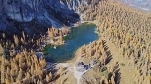 Idyllic scene of Lago di Federa in the Dolomites during autumn Stock Video