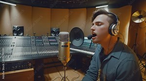 A high-end recording studio with a vocal booth, mixing board, and various instruments. An artist recording vocals and a producer working
