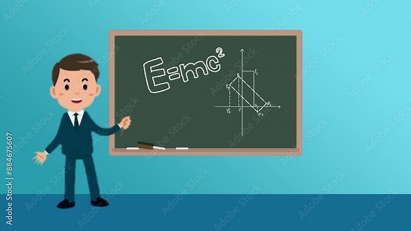 Cartoon teacher in a suit explaining physics and math equations on a blackboard. Educational and instructional classroom setting, ideal for learning resources and teaching materials.