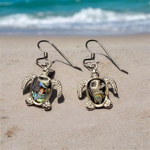 Sea Turtle Earrings With Abalone Shell, Coastal Jewelry, Beach Lover Gift, Ocean Inspired Earrings - Etsy