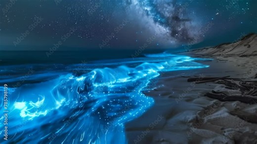 Mysterious blue glowing waves crashing on a dark sandy beach under a starry night sky. The Milky Way reflects on the sea surface, creating an ethereal scene with rocks visible in the distance.