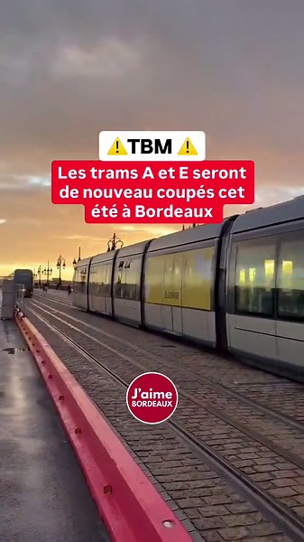 ⚠️ Les trams A et E seront de nouveau coupés cet été à Bordeaux 👇 🚧 Cet été à Bordeaux, préparez-vous à quelques changements dans vos déplacements. Du 23 juin au 30 août, les lignes A et E du tramway seront coupées sur le pont de pierre pour permettre une nouvelle étape des travaux. Bonne nouvelle : les lignes C, D et F continueront de circuler normalement grâce aux aménagements réalisés l’été dernier. Le pont restera accessible aux piétons et aux cyclistes, mais sur une seule voie, tandis que