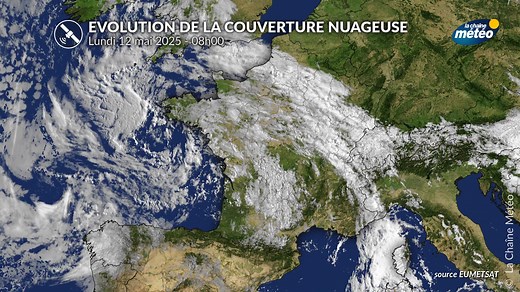 🛰️☁️L'animation satellite permet de distinguer la dépression au large de la Bretagne avec les nuages qui s'enroulent autour d'elle, dans le sens inverse des aiguilles d'une montre. | La Chaîne Météo