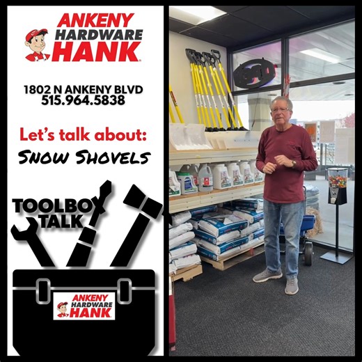 Toolbox Talk Tip of the Week: Snow Shovels! Winter weather is right around the corner, and now’s the perfect time to get prepared. At Ankeny Hardware Hank, we’ve got a great selection of snow shovels to help you tackle whatever Mother Nature decides to throw our way. We’ll help you find the right fit for your driveway, sidewalk, and everything in between! Stop in today and gear up before the first flakes fall! #ToolboxTalkTip #AnkenyHardwareHank #WinterReady #SnowSnovels #SupportLocal #DIY Anken