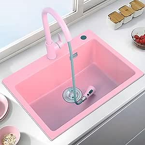 Pink Kitchen Bar Sinks, Single Bowl Sink, with Faucet Quartz Stone Bar Sink, with Strainer Single ​Bowl ​Prep Sink, Drop-in Or Undermount Installation, Easy to Clean, Perfect for Kitchen or Food Prep