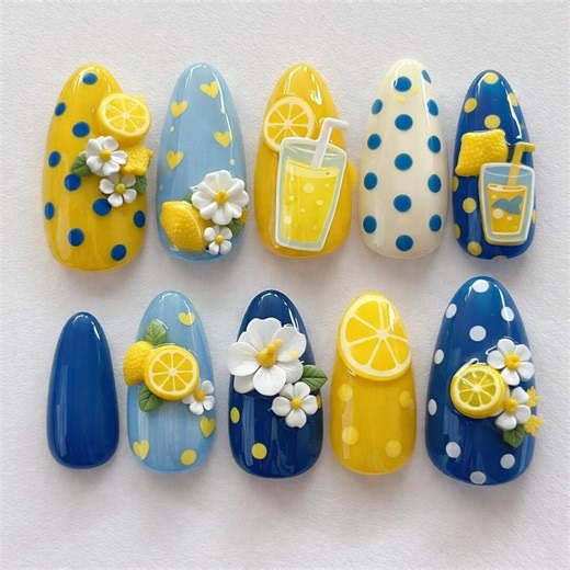 Jesus Lemonade Press on Nails, Lemon Summer Nails, Fruit Nail Set, Blue Yellow Nails, Cute 3D Lemon Nails, Vacation Beach Nails, Fun Nails - Etsy