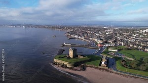 Brotie Castle on the banks of the River Tay at Brotie Ferry, Dundee, Scotland. View from above