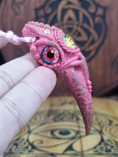 Pink Rose Raven Talisman Sculpted Polymer Clay Raven Amulet