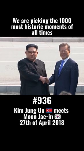 Top Historic Moments on Instagram: "On the 27th of April 2018, North Korean leader Kim Jong Un met South Korean President Moon Jae-in at the Joint Security Area in Panmunjom, marking the first inter-Korean summit in 11 years. Kim became the first North Korean leader to cross into South Korean territory since the Korean War armistice in 1953, shaking hands with Moon over the military demarcation line. Moon briefly stepped into North Korea at Kim's invitation, symbolizing mutual goodwill amid tens