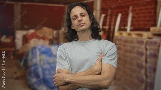 Man with arms crossed exposing forearms and long hair in building with stacked bricks and ladders; confidence resilience.