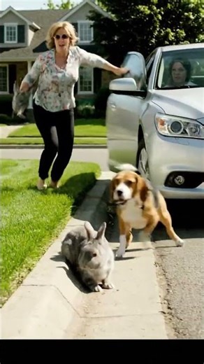 Neighbor Stops Dog from Attacking Rabbit Near Road!